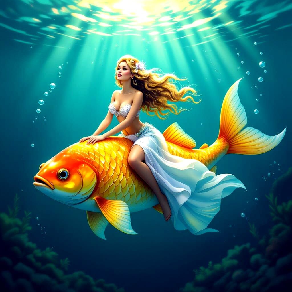 Mermaid Rides Glowing Fish in Deep Sea Mystery