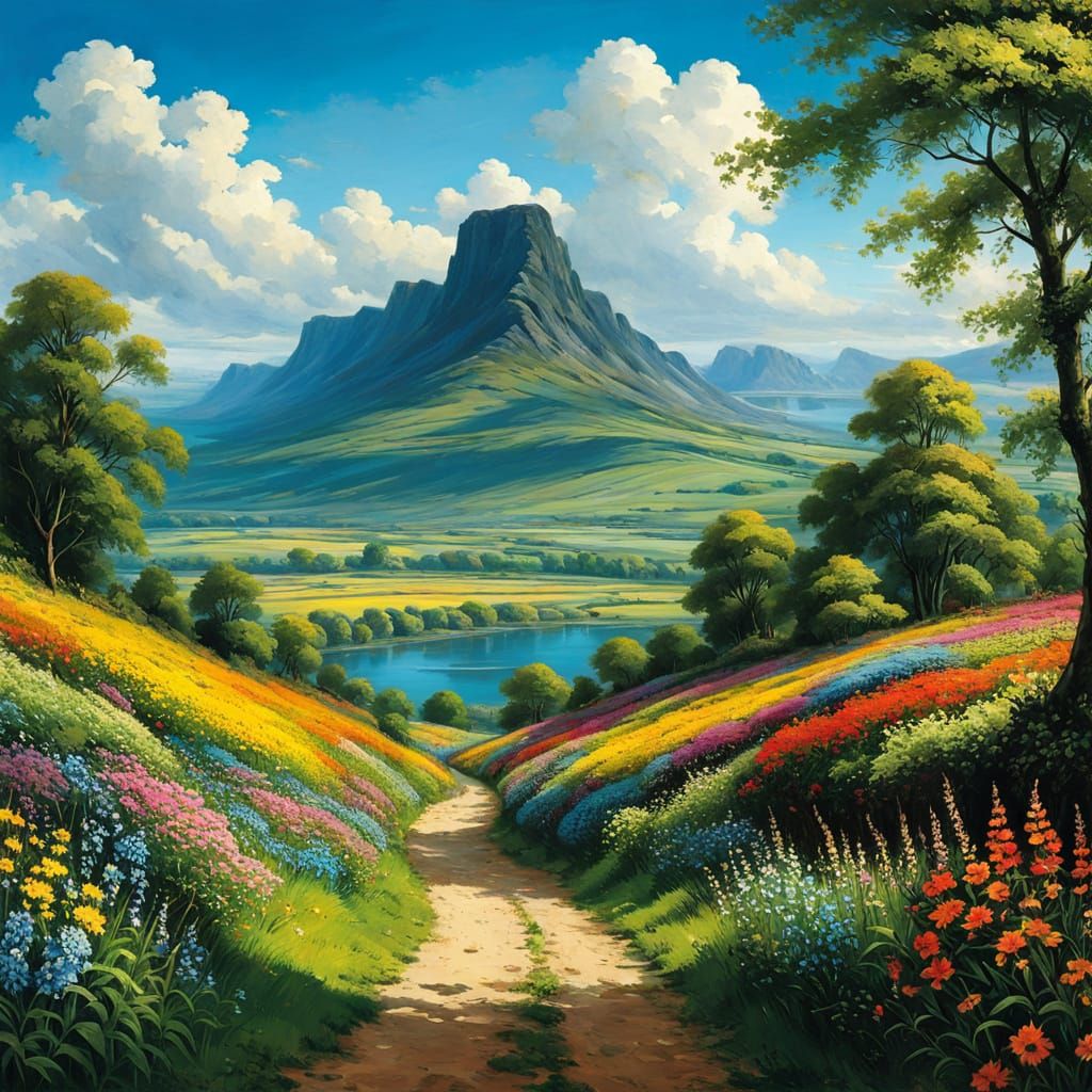 Vibrant Wildflower Landscape with Mountain Lake