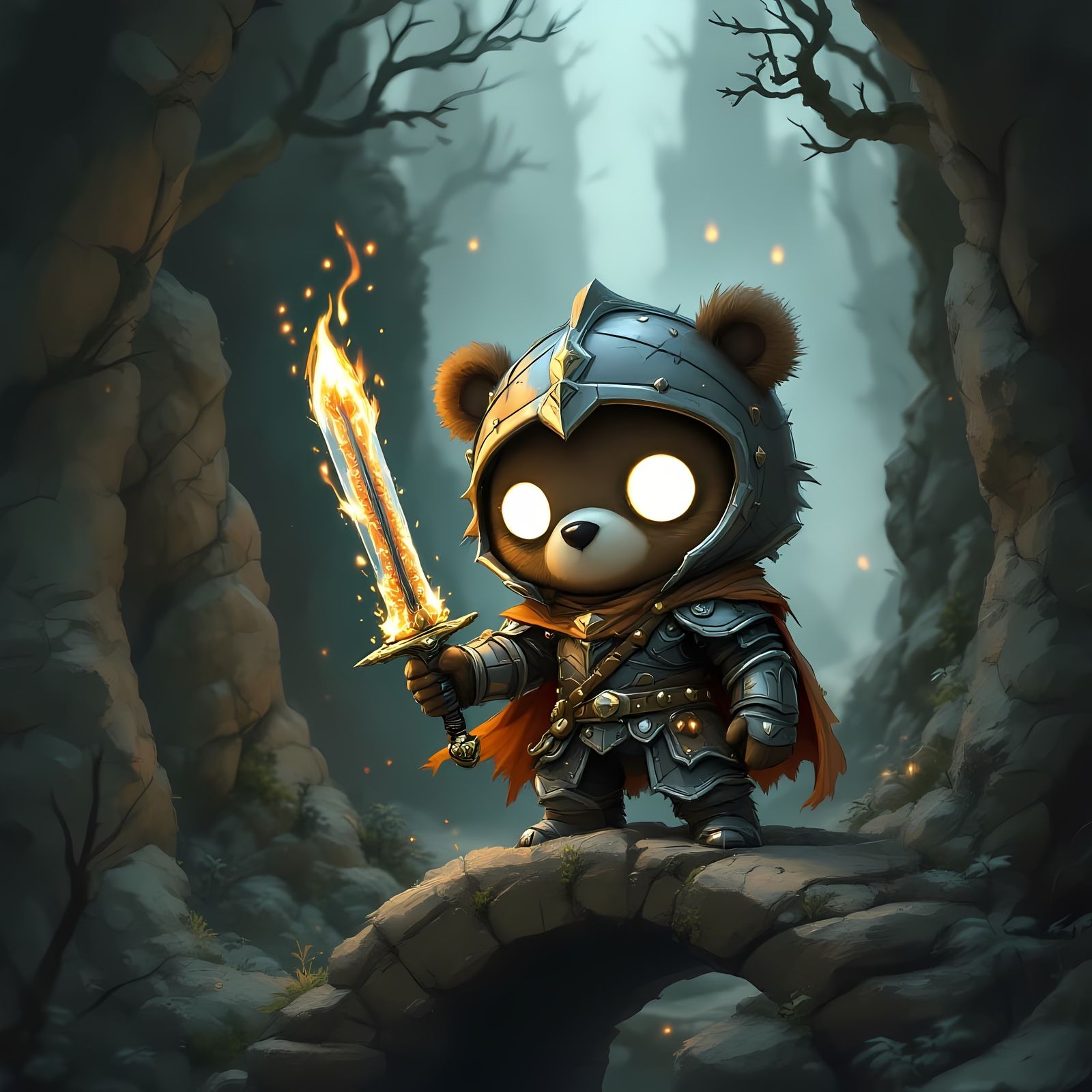 Chibi Knight Bear Fights Troll on Dark Gothic Bridge
