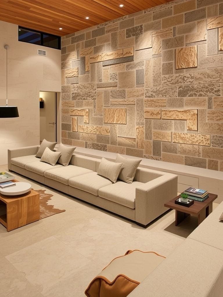 Sophisticated Natural Stone Accent Wall in Luxe Living Room