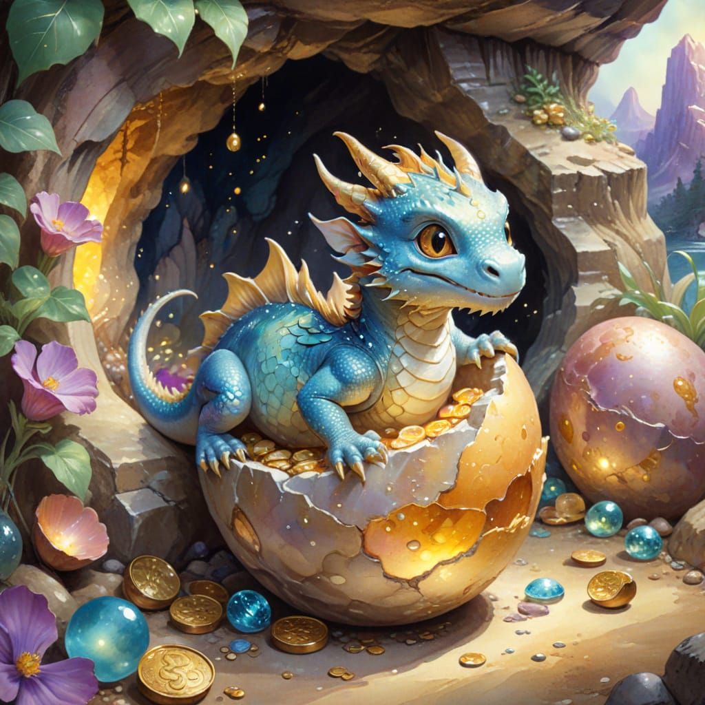 Chibbi Dragon Hatches in Treasure Cave Watercolor Art
