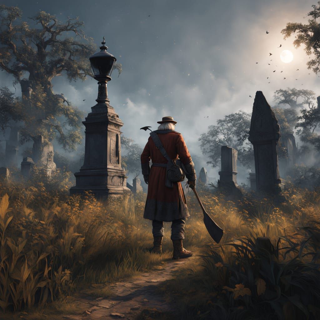 Eerie Graveyard Scene with Axe-Wielding Caretaker