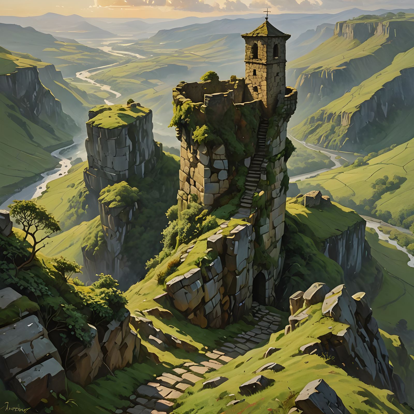 Ancient Watchtower on Hill in Golden Sunlight