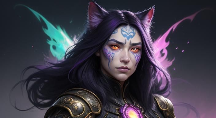 Purple Fire-Eyed Cat Portrait in Digital Art Style