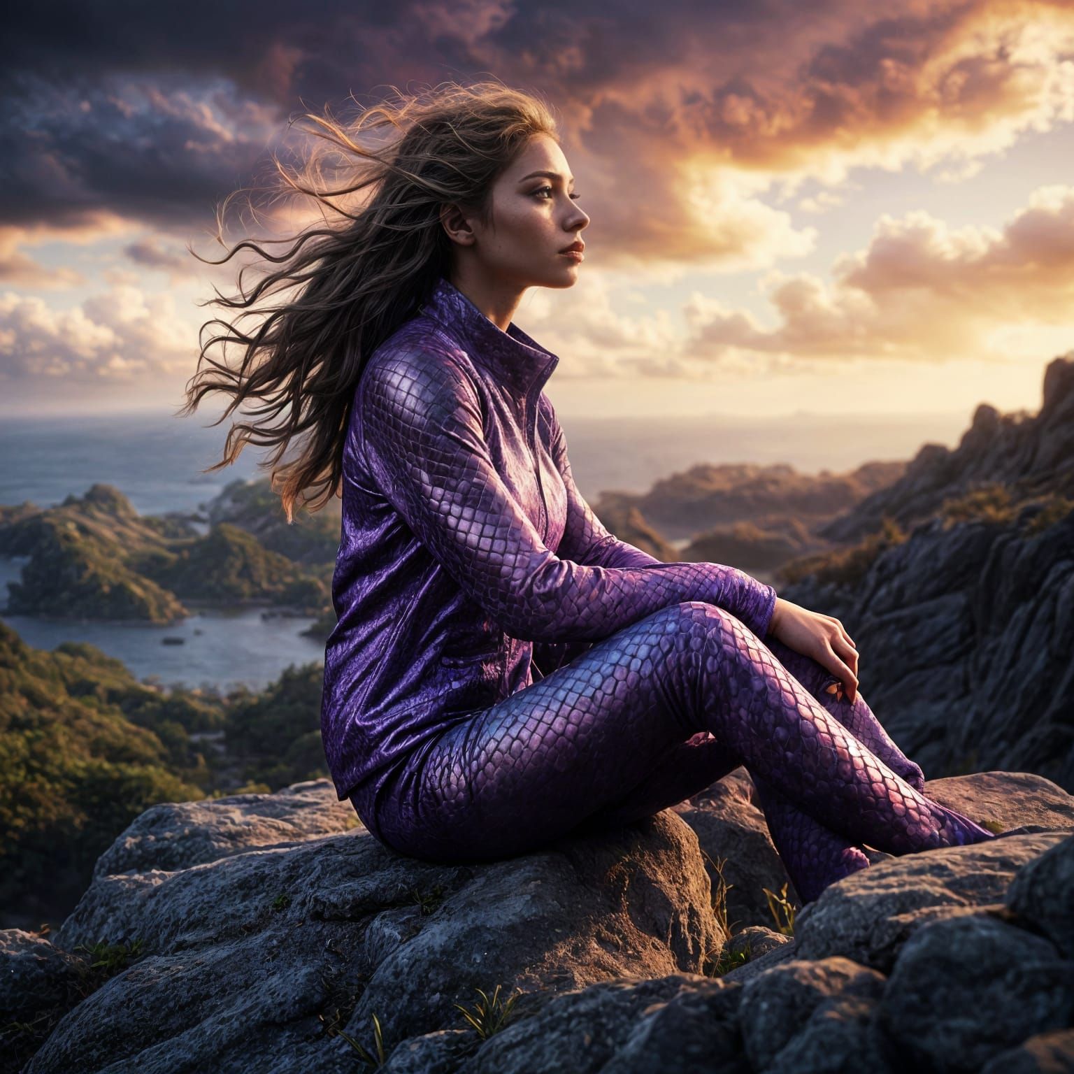 Hyperrealistic Woman with Enchanted Purple Scales