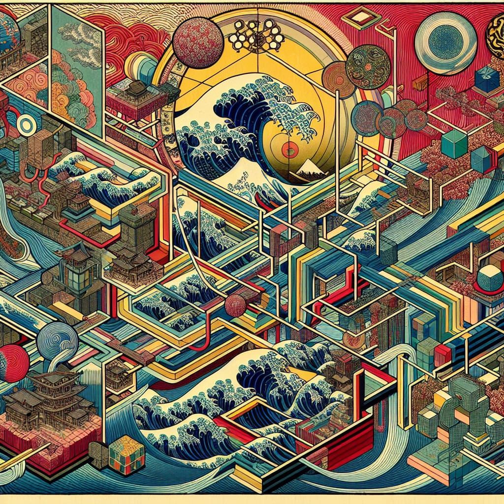 Ukiyo-e Diorama of Digital Radar Map in Woodblock Style