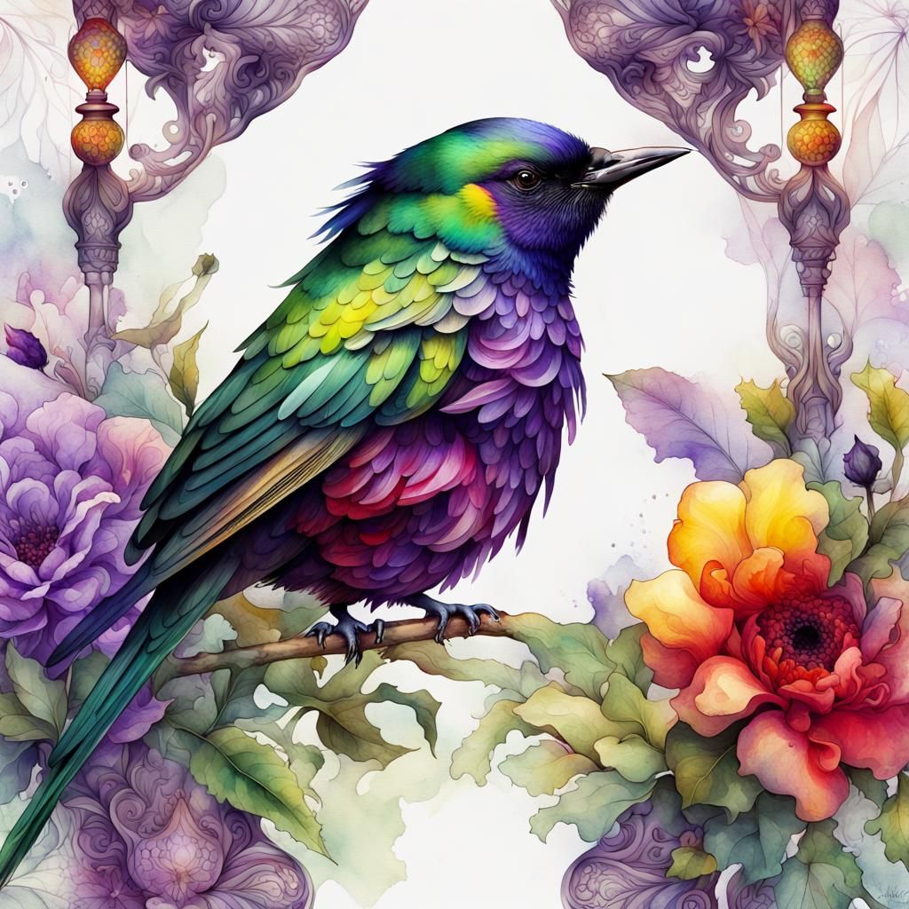 Watercolor Bird Head in Floral Ornament