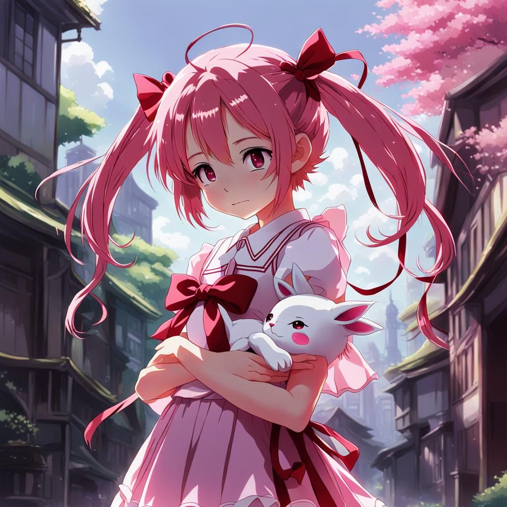 Kaname Madoka with Kyubey in Anime Style