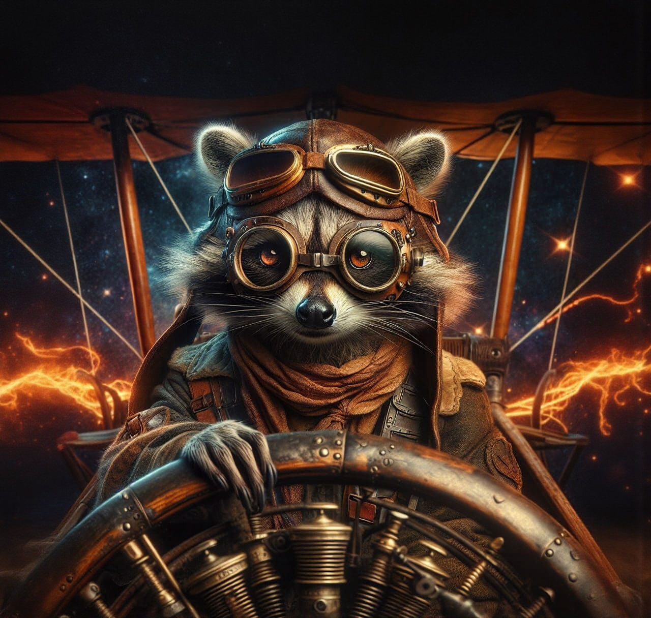 Steampunk Raccoon Aviator in Vintage Flight Gear with Glowin...