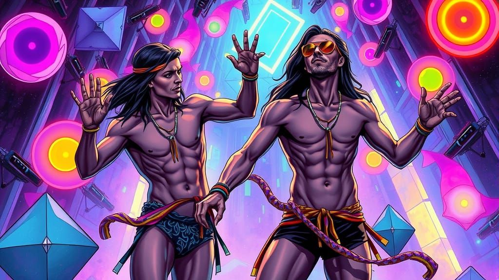 Neon Hippies Dance in Fluorescent Forest, Comic Book Art