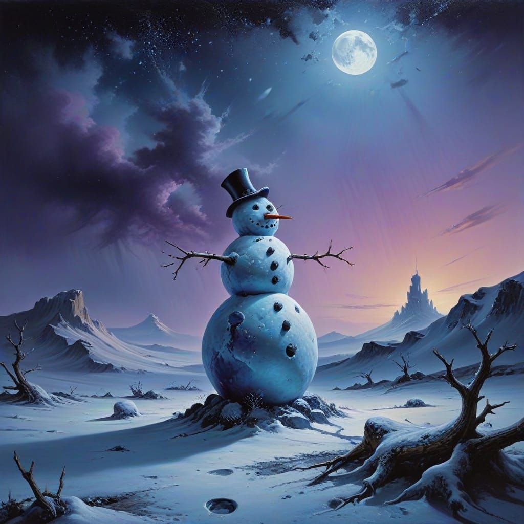 Dreamlike Snowman in a Surreal, Moonlit Landscape