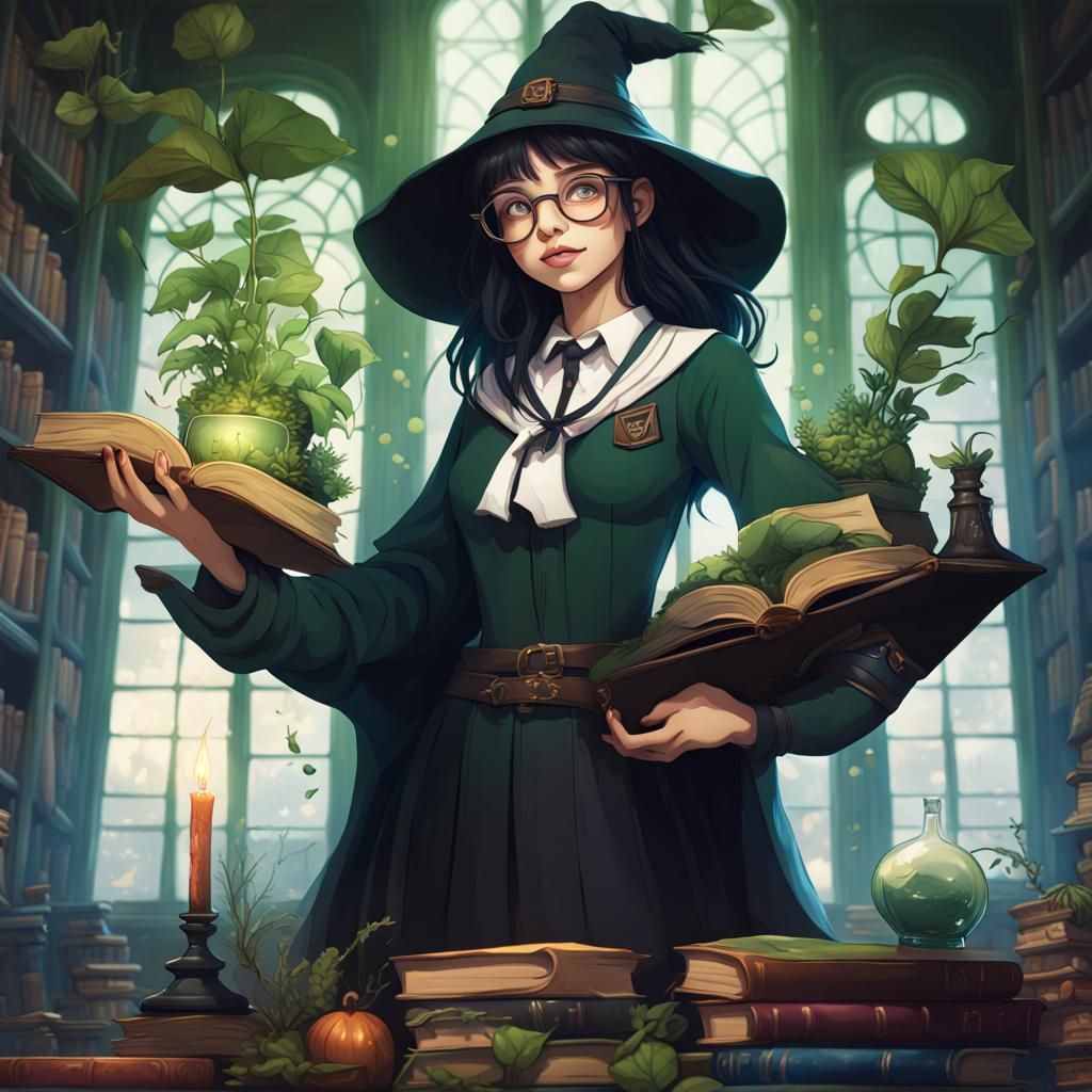 Anime Girl in Ravenclaw Uniform with Magical Book