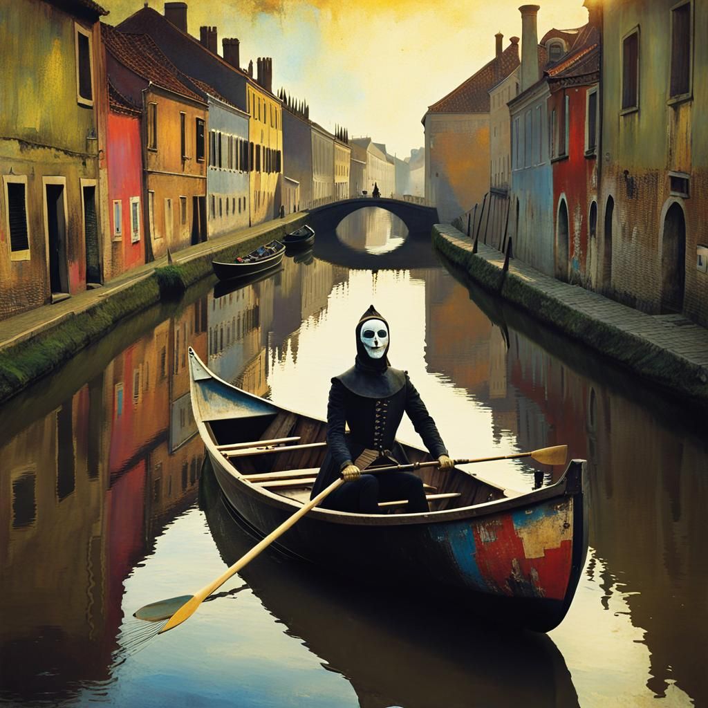 Surreal Dystopian Figure Rows Boat on Canal