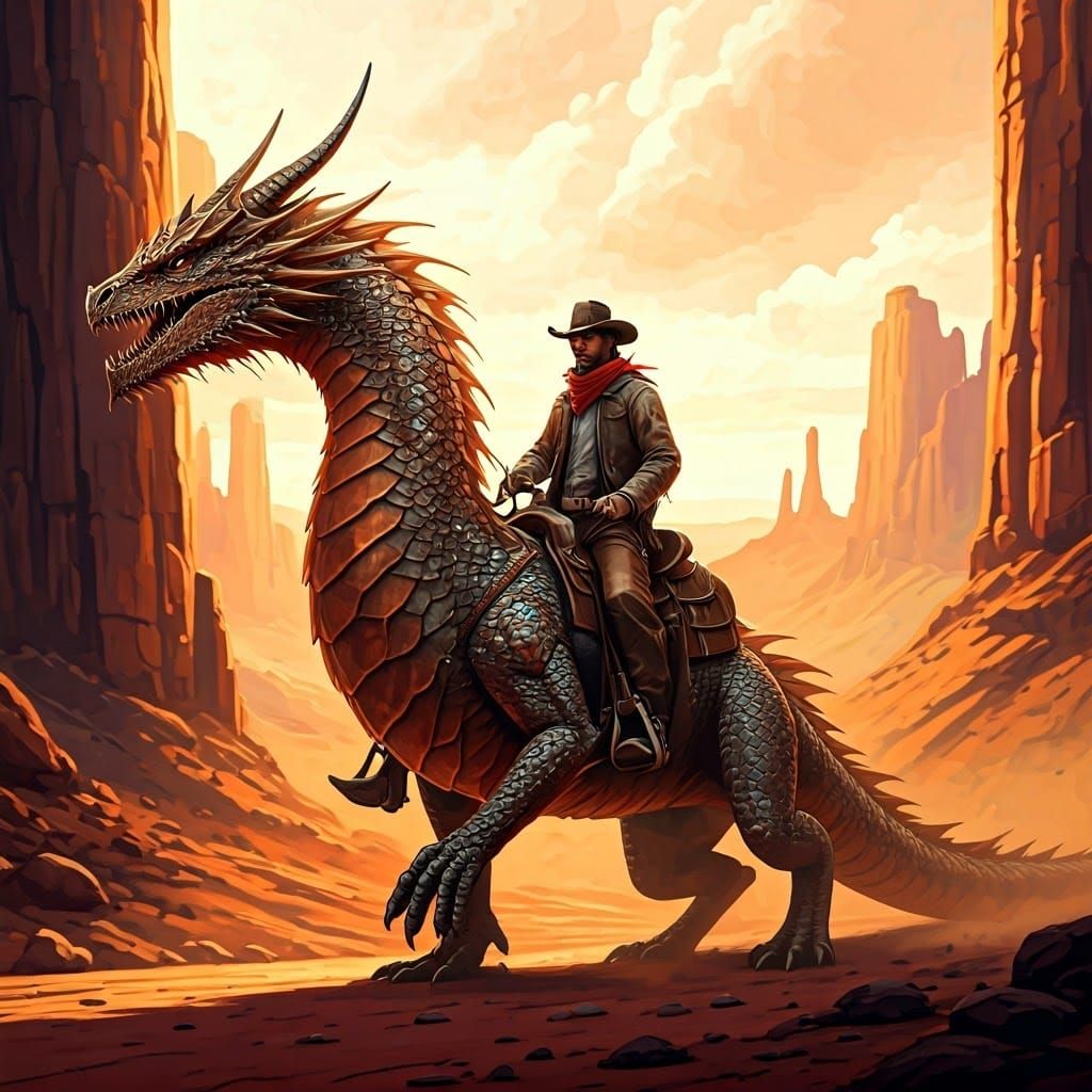 Cowboy Rides Dragon in Sun-Scorched Canyon