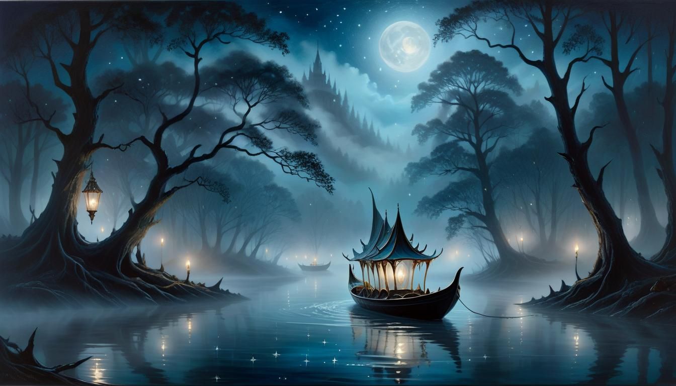 Elegant Elven Boat on Misty River at Night