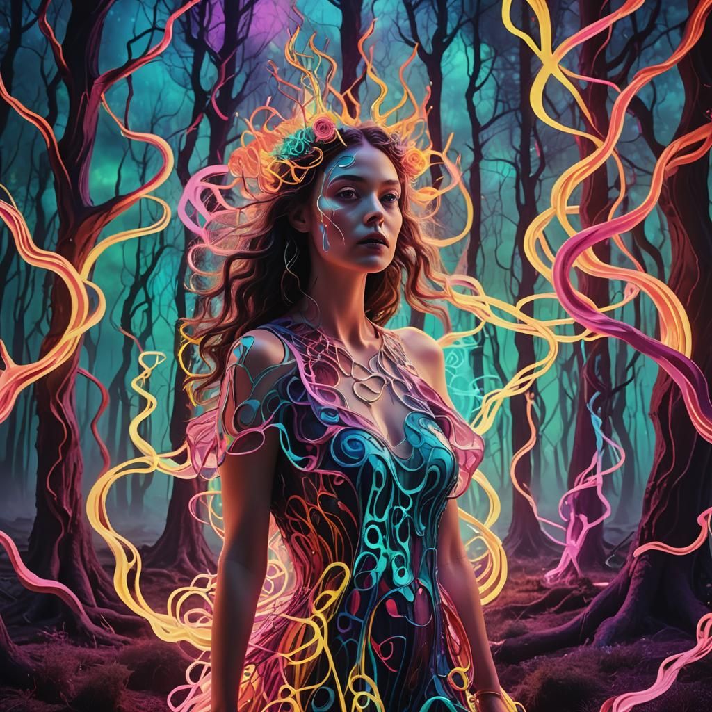 Avant-Garde Musician in Neon-Lit Surreal Landscape