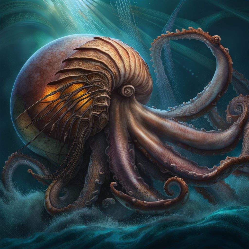 Nautilus Attacked by Giant Octopus: Hyperrealistic Illustrat...
