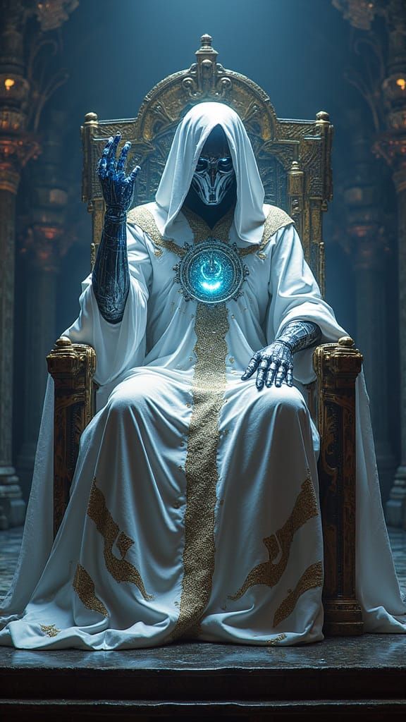 Cybernetic Oracle on Chrome Throne in Cyberpunk Style