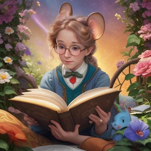 Whimsical Mouse Reading in Garden: Embroidery Art