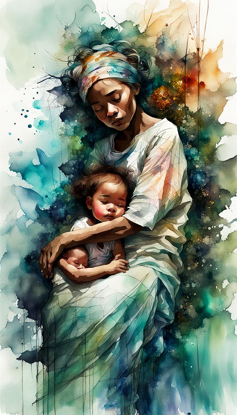 Grandmother Rocking Granddaughter: Vintage Watercolor Illust...