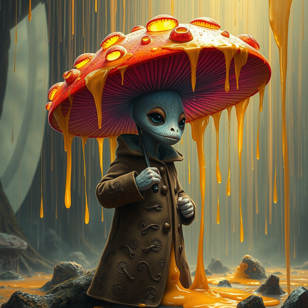 Mushroom Man Shelters from Cheese Rain