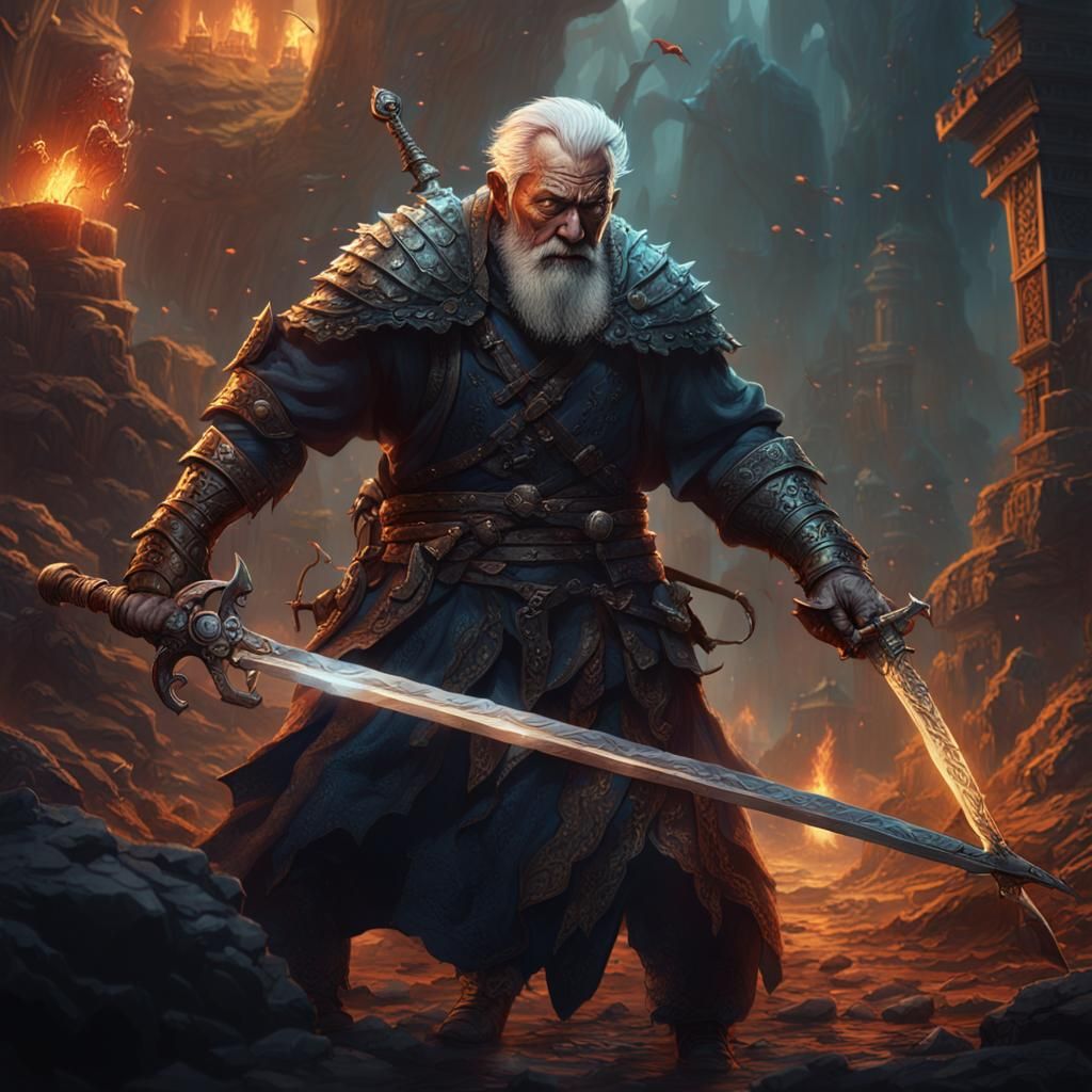 Old Warrior Slaying Monsters: Fantasy Concept Art