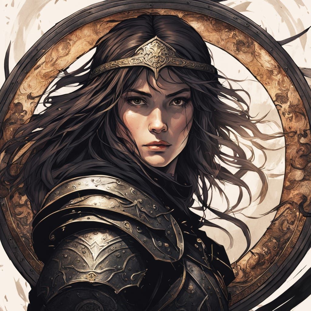 Battle-Worn Woman Warrior Portrait in Film Still