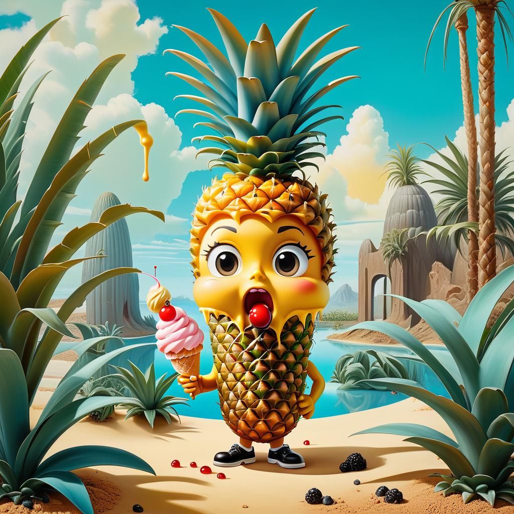 Chibi Pineapple in Oasis: Surreal Salvador Dali Style