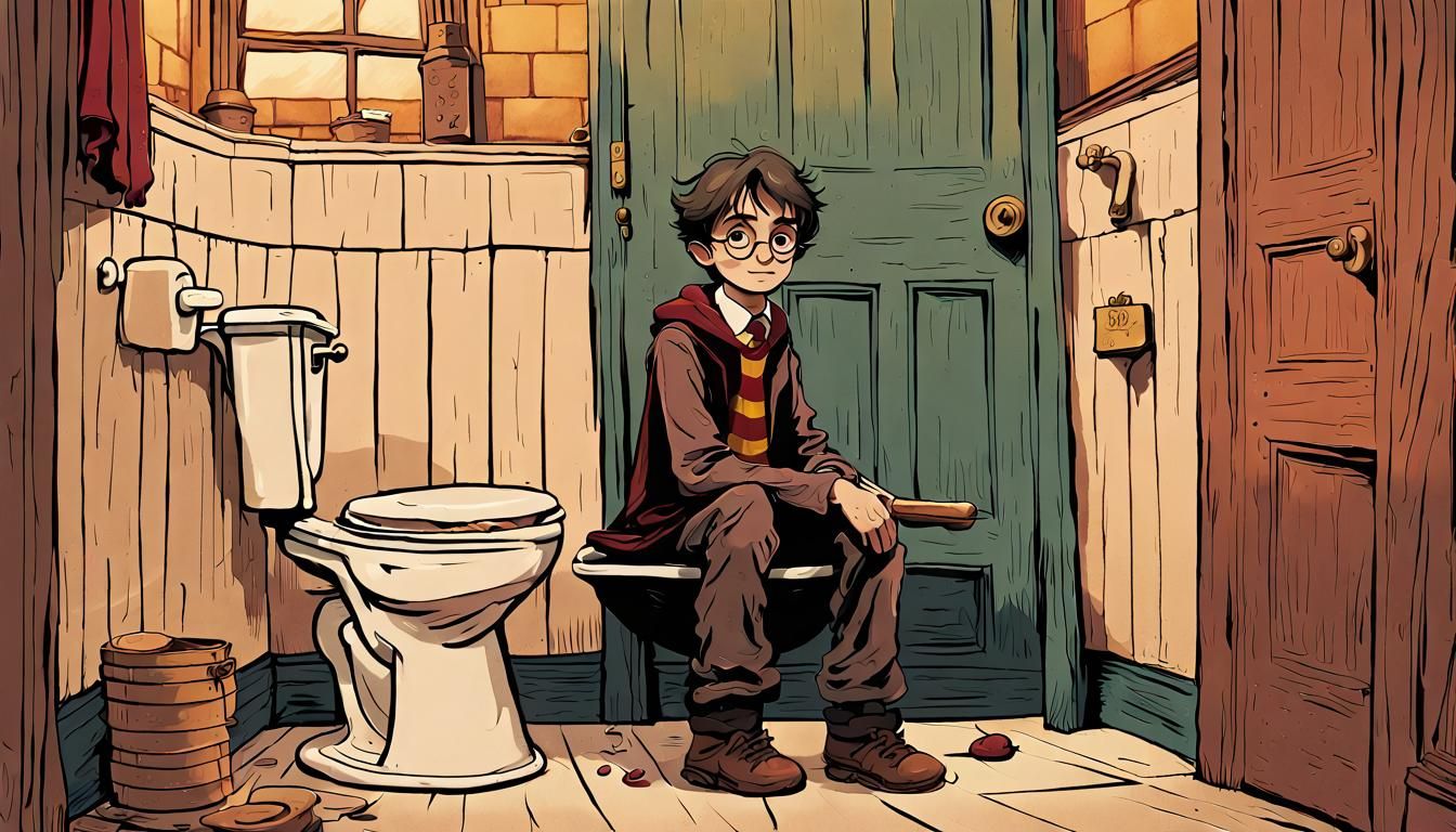 Harry Potter in Hogwarts Bathroom: Whimsical Illustration