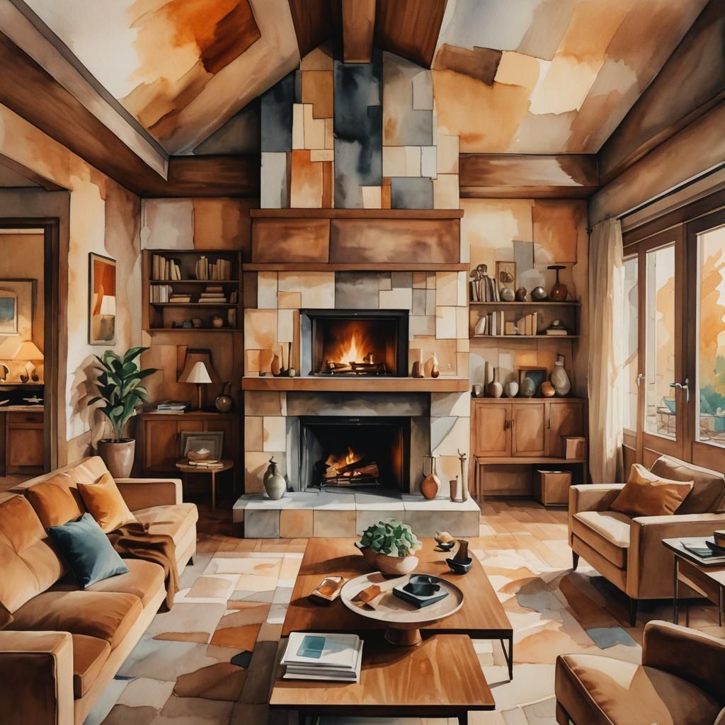 Cubist Watercolor: Warm Living Room with Fireplace