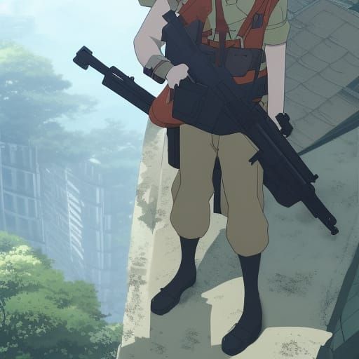 Soldier on Ruined Building: Ghibli-Inspired Anime Art