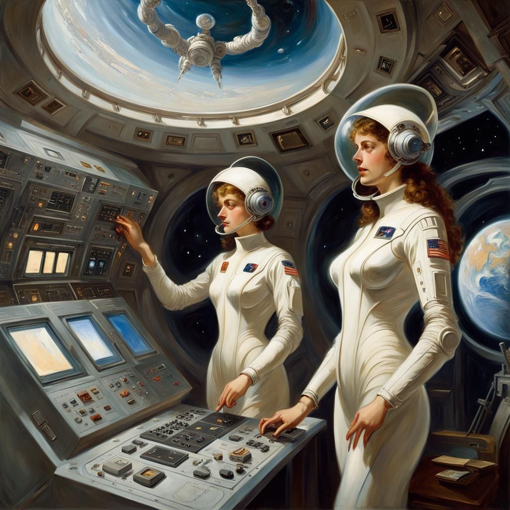 People Controlling Spaceship in Oil Painting Style