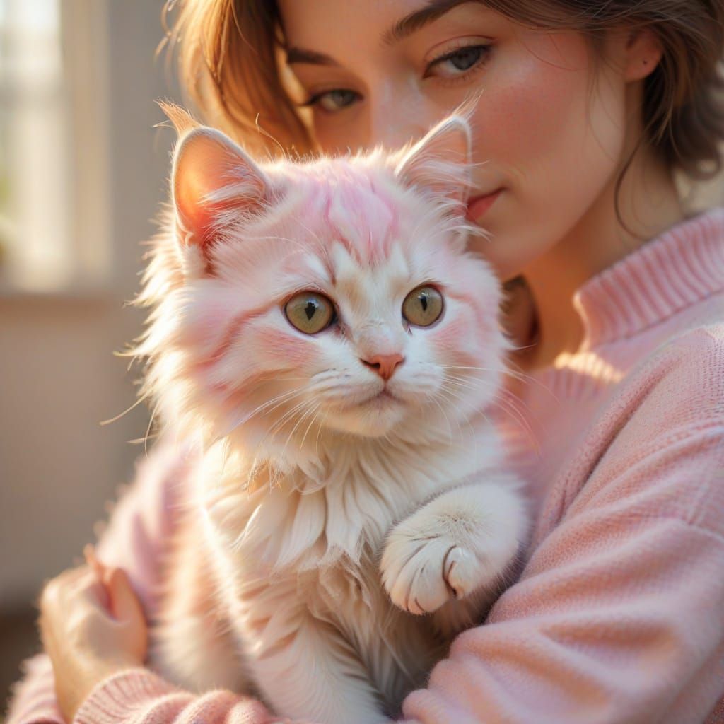 Cozy Moment of a Pink Kitten and Owner in Hyper-Realistic Di...