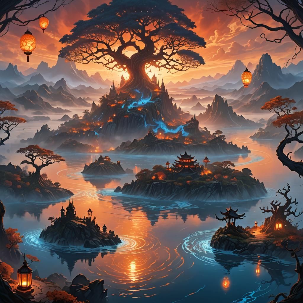 Dragon Island Sunset in Fantasy Concept Art