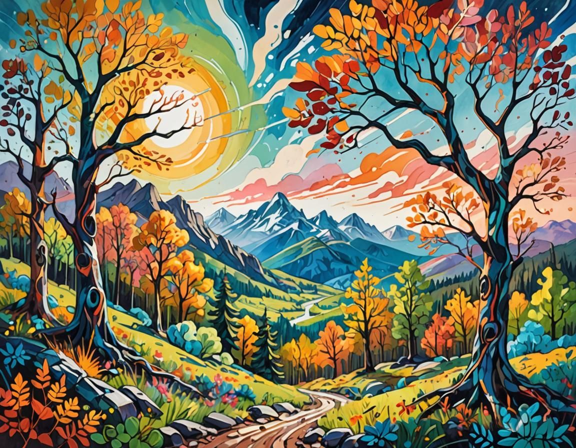 Whimsical Landscape in Gouache Painting Style