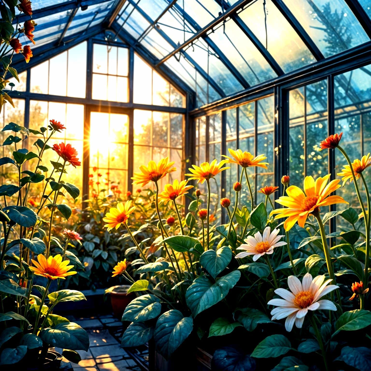 Sunny Greenhouse in Watercolor Ink Style