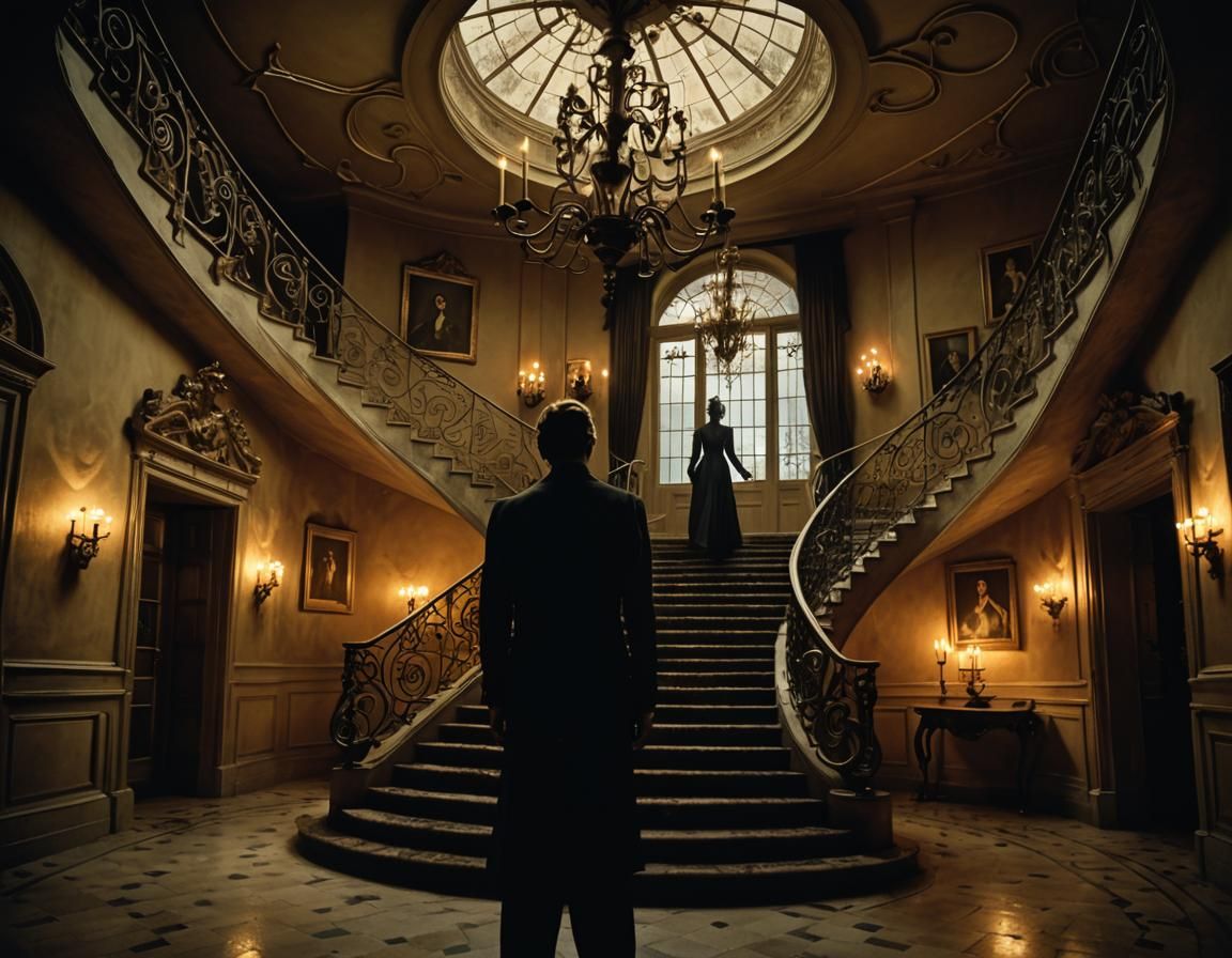 Eerie Figure in Haunted Manor: Surrealism