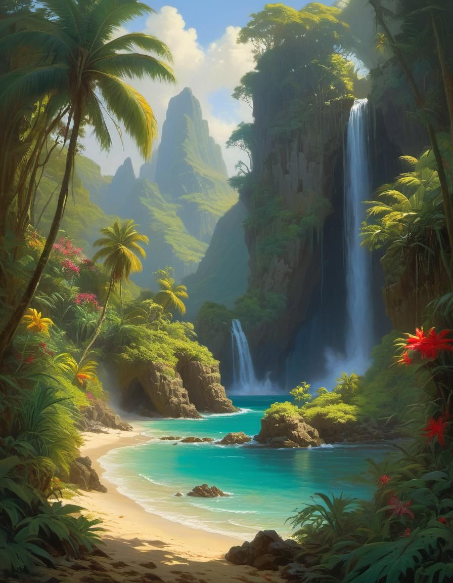Lush Tropical Island Oasis in Chiaroscuro Style