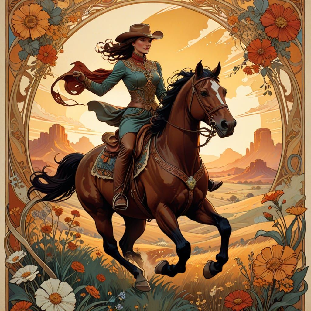 Art Nouveau Cowgirl on Horseback in Prairie Landscape