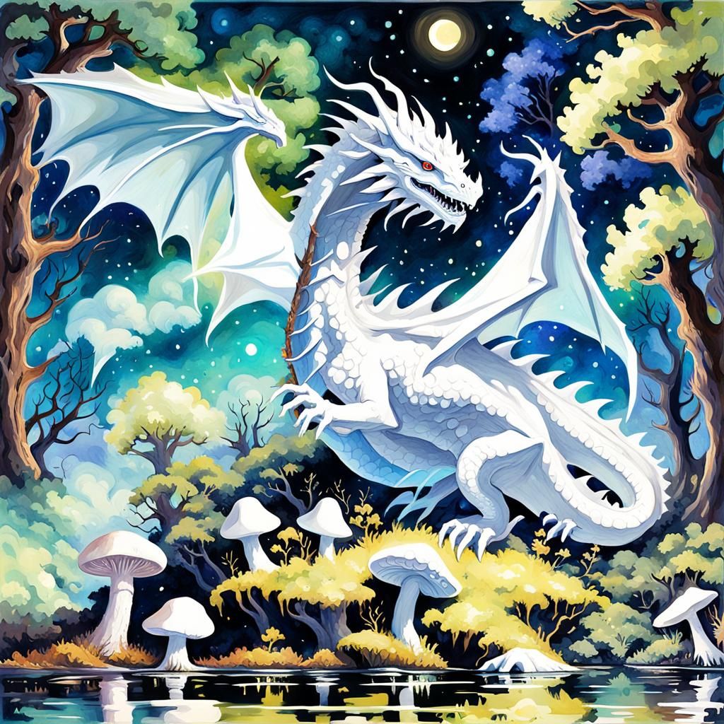 Enchanted White Dragon in Moonlit Forest: Gouache Style