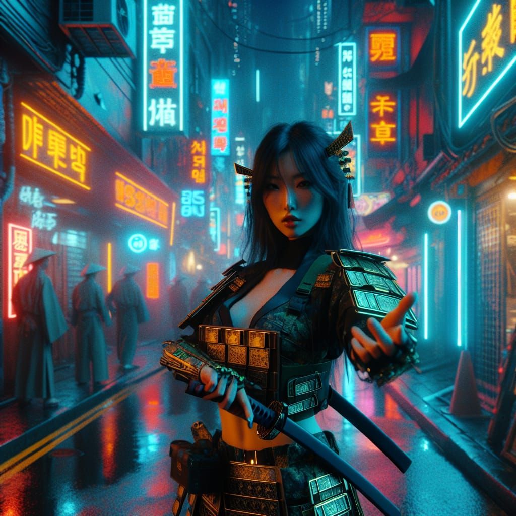 Cyberpunk Samurai Stares Intensely on Neon Street
