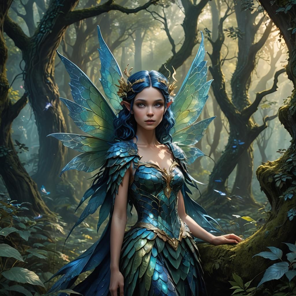 Blue Fairy with Dragon Scales in Mystical Forest