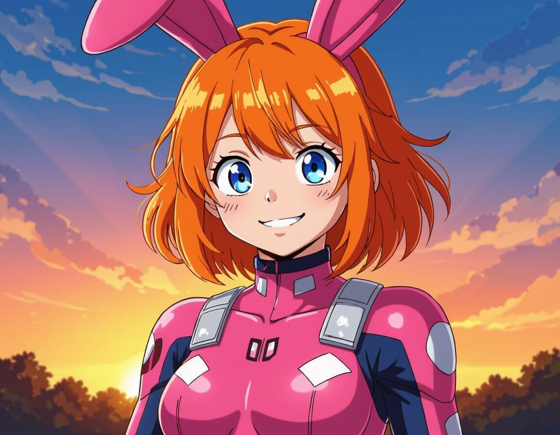 Heroine with Orange Hair and Bunny Ears in Pink Suit
