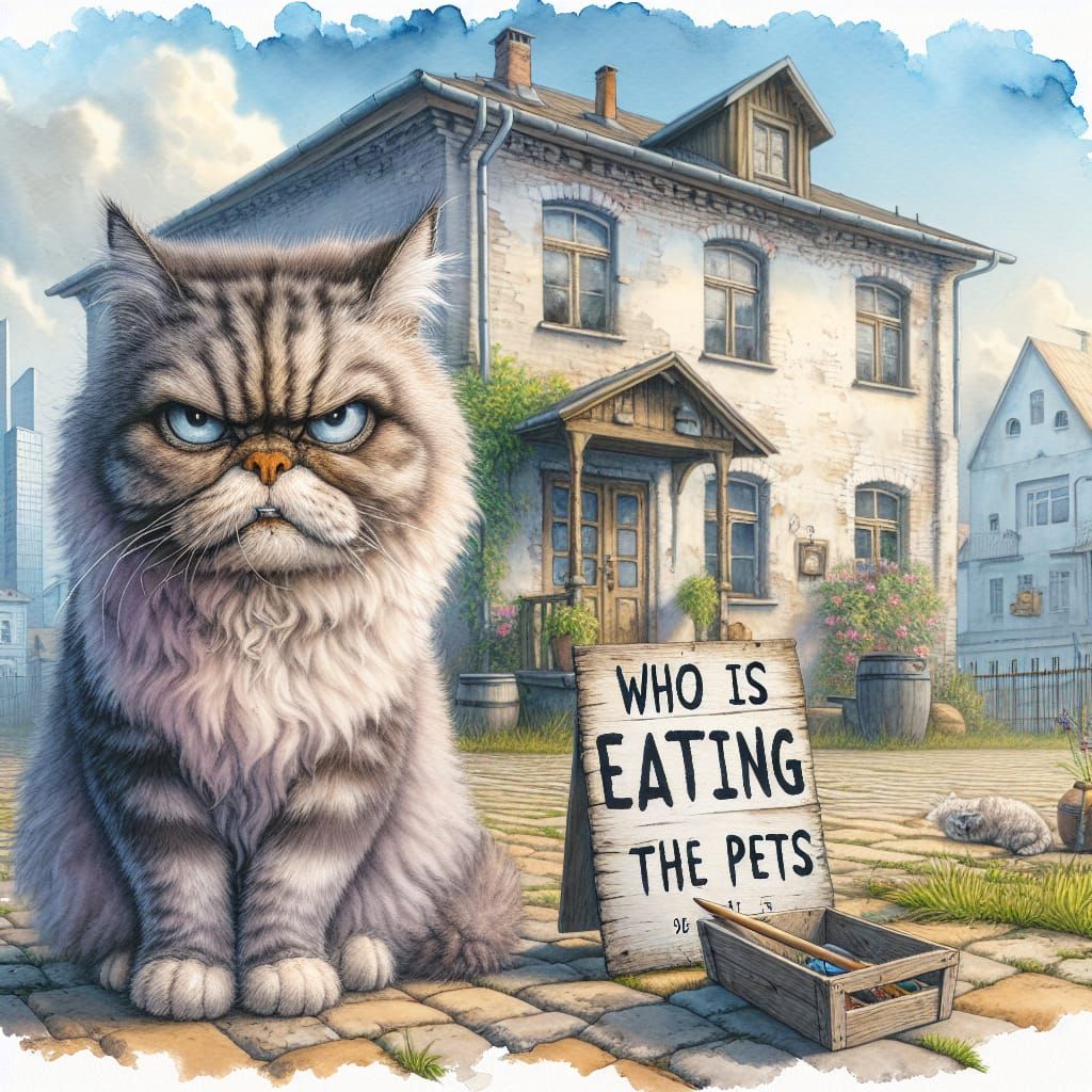 Grumpy Cat Watercolor Painting Near Old House