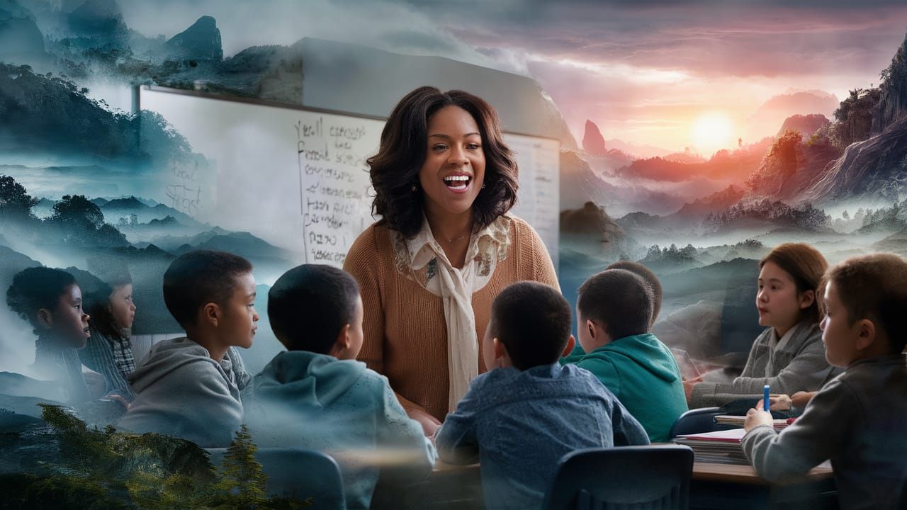 Double Exposure: Teacher in Classroom with Fantasy Landscape