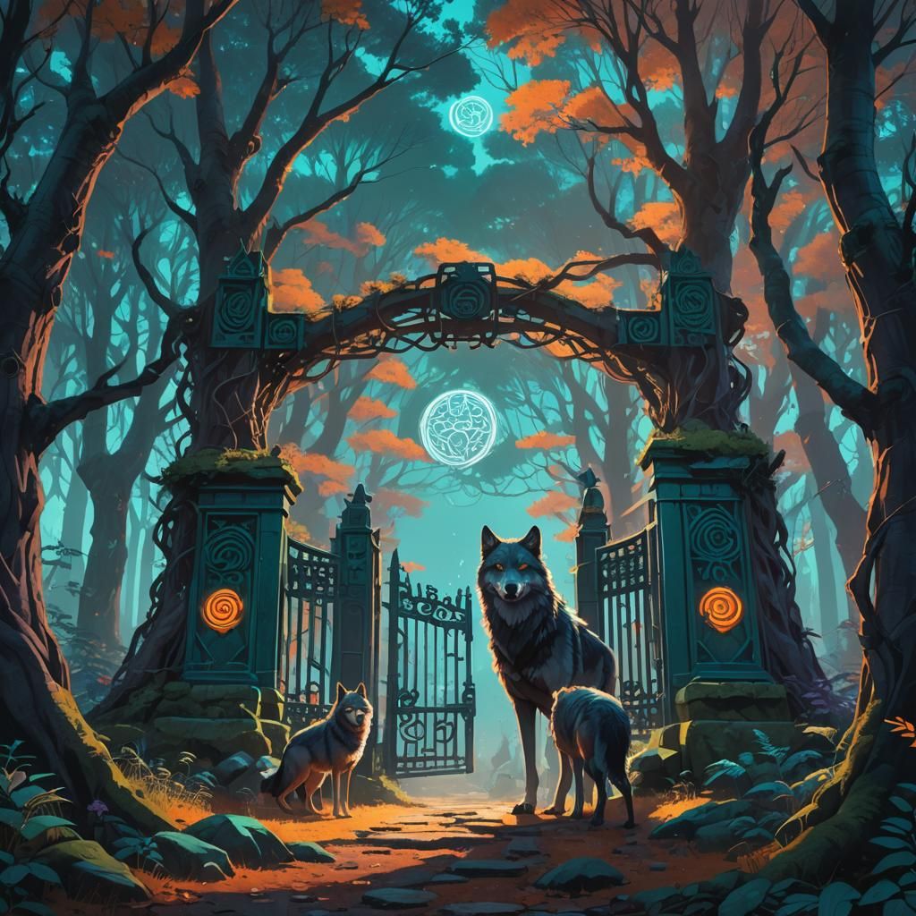 Wolves at Mystical Forest Gate: Fantasy Concept Art