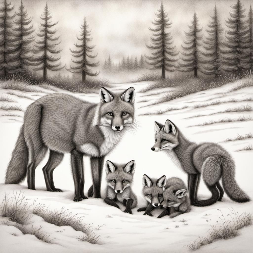 Fox Kits Play in Snowy Meadow: Charcoal Drawing