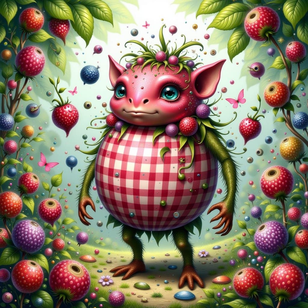 Gingham Patterned Berry Monster in Whimsical Forest
