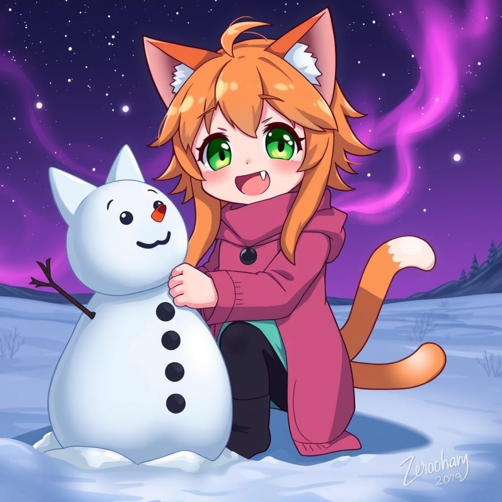 Cute Anime Catgirl Builds Snow Cat in Winter Wonderland