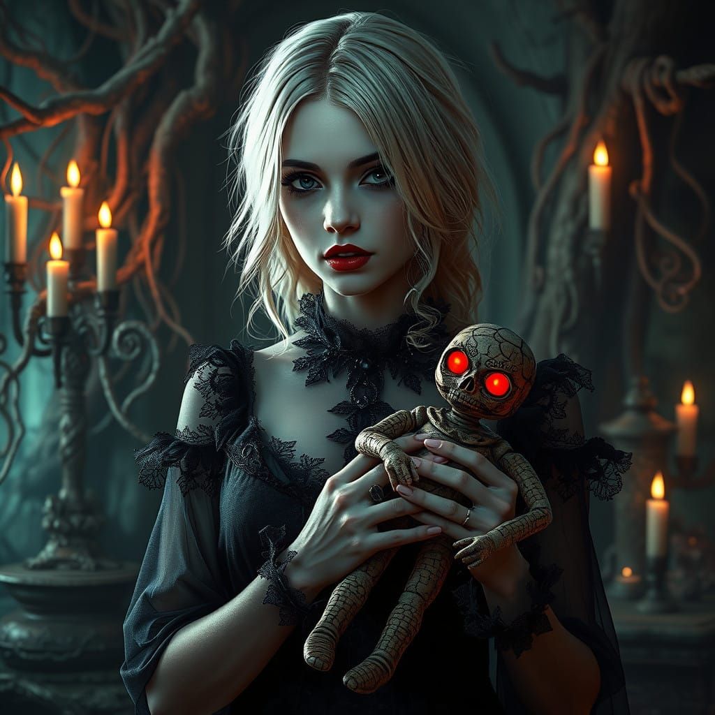 Ethereal Gothic Siren Holding Mystical Voodoo Doll